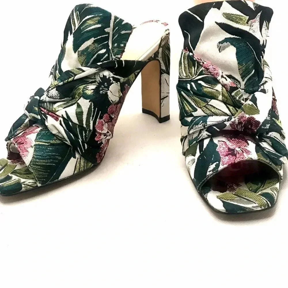 WOMEN'S MARC FISHER "HOGAN" GREEN & PINK FLORAL PRINT SLIDE SQUARE TOE HEELS 7 - Picture 5 of 6